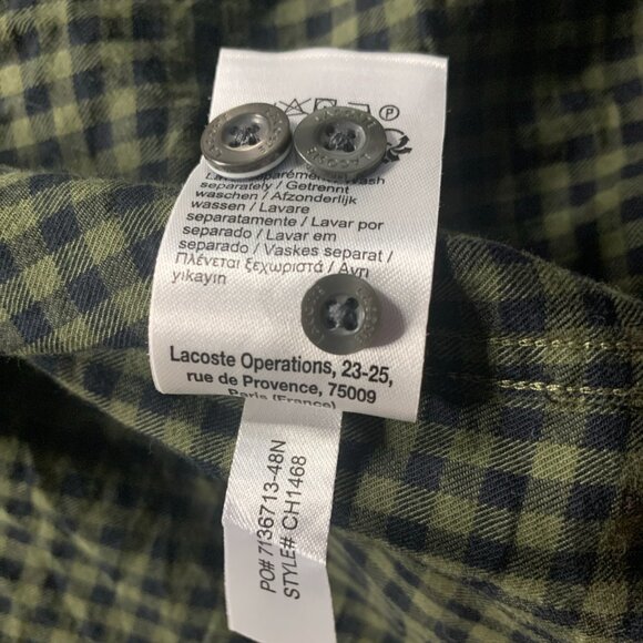 Lacoste Shirt Mens Small Green Gingham Check Regular Fit Cotton Button Up - Picture 9 of 10
